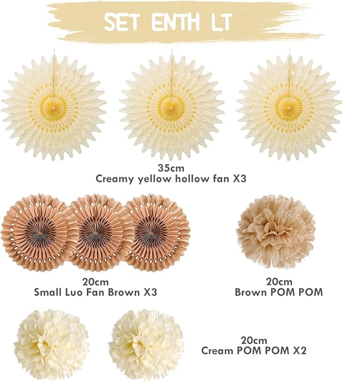 SUNBEAUTY Brown Party Decorations Boho Wedding Party Decor Brown Beige Tissue Pom Poms Paper Fans Hanging Neutral Women Birthday Party Decorations Bridal Shower Baby Shower Rustic Engagement Decor
