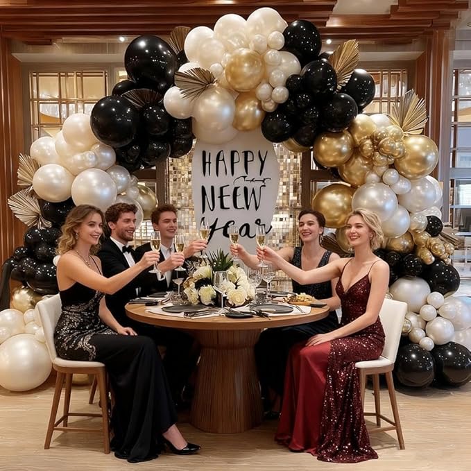 Black White Gold Balloon Garland Double Stuffed, Pearl Sand Champagne Gold Balloons Cream Beige Balloon Arch Kit for Birthday Graduation Wedding Bachelorette Engagement Party Decorations