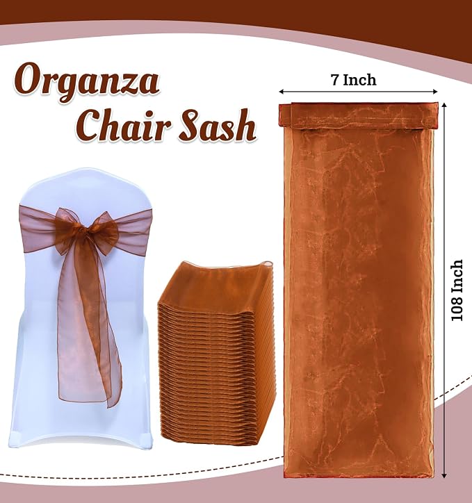 MDS® Pack of 125 Organza Chair Sashes for Wedding Decoration, Reusable Sheer Chair Bows for Banquet Chair Cover, Reception, Bridal Shower, Baby Shower, Birthday Party & Special Events - Bronze