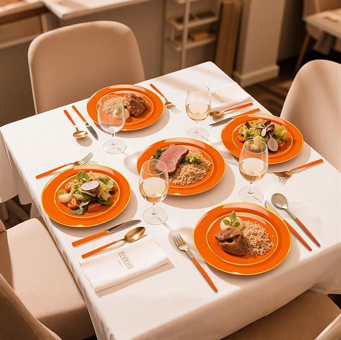 DaYammi 150Pcs Orange Plastic Plates & Gold Cutlery Set - Orange Disposable Plates with Gold Rim Includes 30 Dinner Plate,30 Dessert Plate,30 Knives,30 Forks,30 Spoons Perfect for Party Wedding