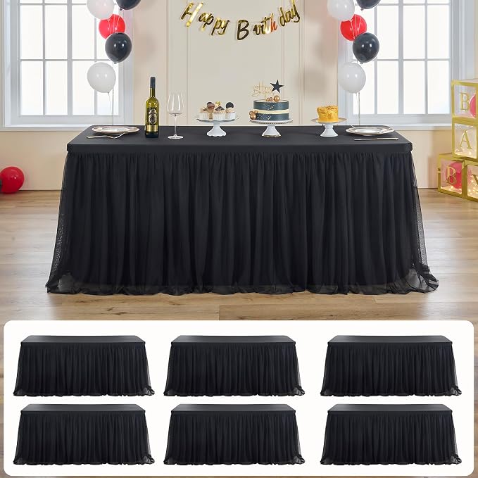 leegleri 6 pk 6ft Black Tulle Tablecloth for Rectangle Tables, 2-in-1 Table Covers with Tulle Skirt,Wrinkle Free Stretchy Ruffle Tulle Table Cloths Fitted for Wedding Party Banquet Vendor