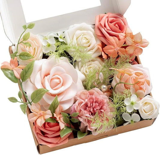 Ling's moment Blush Garden & Cream Artificial Flowers Greenery Mini Box Set, Pink & White Fake Flower for DIY Wedding Bridal Bouquet, Centerpieces Decor, Floral Arrangement Decor, Baby Shower etc.