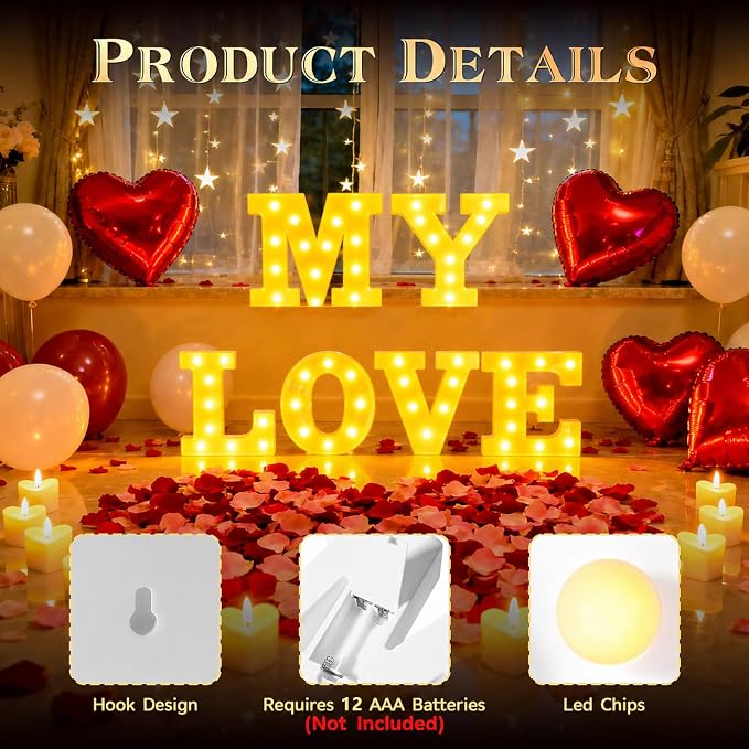 MY LOVE Light up Letters, Include Tea Lights Candles, Latex Balloons, Aluminum Balloons and Rose Petals, Special Festival, Surprise Gifts for Women and Men