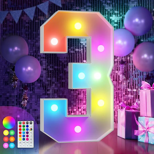 imprsv 3FT Colorful Marquee Numbers,18 Colors with Remote, Light Up Numbers 3 for 3rd 30th Birthday Decorations Anniversary Party Decor, Pre-Cut Foam Board Kit, Mosaic Sign for Balloon