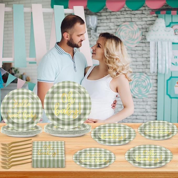 96PCS Sage Green Baby Shower Decorations Gold Sage Green Checkered Paper Plates Scalloped Napkins Tableware Set Hello Sweet Baby Disposable Dinnerware Favor for Gender Reveal Birthday Party Supplies