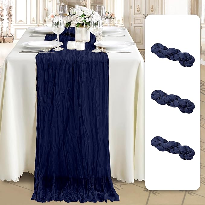 Cheesecloth Table Runner 3 Pack – 35x120 Inch (10ft) Boho Rustic Gauze Cloth Runners – Crinkle Polyester Table Decor for Wedding, Baby Shower, Bridal Shower, Birthday Party and More (Navy Blue)