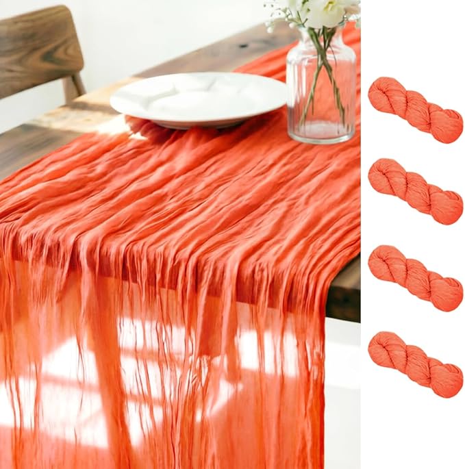 LINXTAR Orange Cheesecloth Table Runner 4 Pack 120 Inches 10Ft Gauze Summer Boho Table Runner for Wedding Tea Party Baby Shower Bridal Birthday Home Decoration