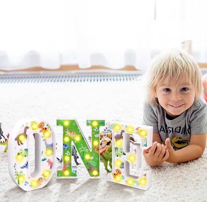 Tujoe One a Saurus Birthday Decorations Dinosaur 1st Birthday Decorations for Boy or Girl 8.5 Inch LED Light up Letters for Centerpieces Table or Backdrop 1 Year Old Party Supplies