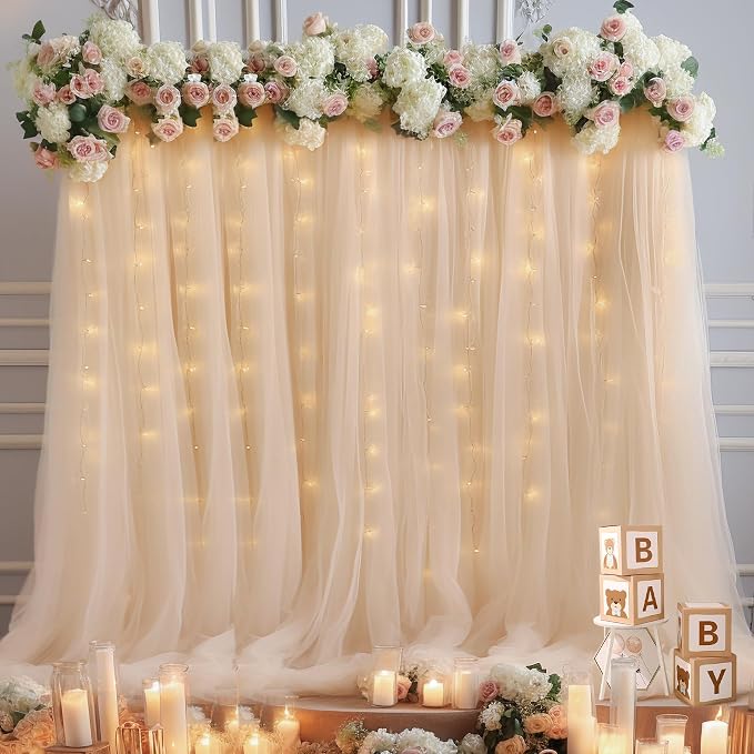 30x8ft Champagne Tulle Backdrop Curtain with Lights String for Parites, Sheer Photo Backdrop Curtains with Lights for Wedding Backdrop Ceremony Reception Bridal Shower Baby Shower Birthday Party