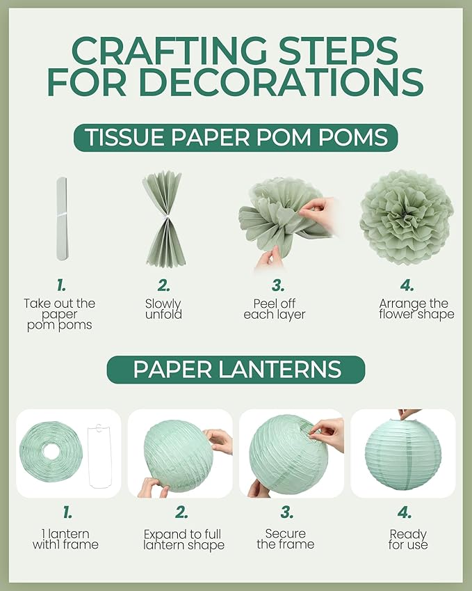 Glooglitter 52 Pcs Sage Gree Party Decorations Sage Gold Cream Tissue Paper Pom Poms Paper Lanterns for Boho Wild Baby Shower Birthday Wedding Engagement Classroom Party Decorations