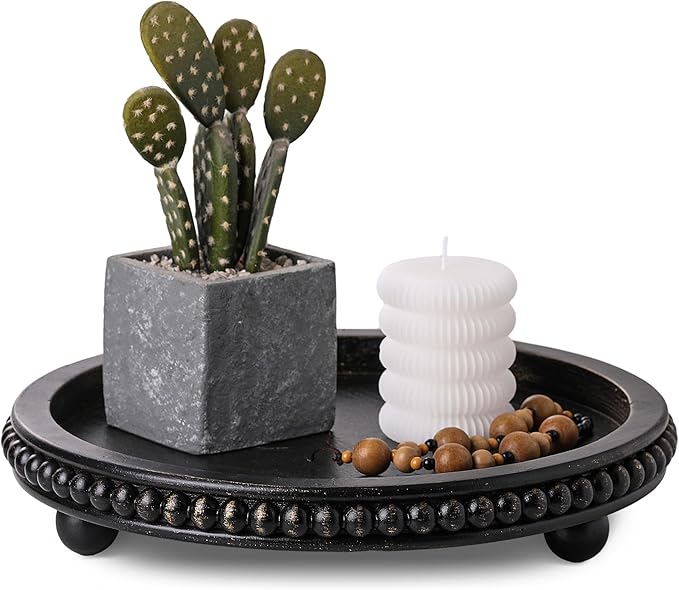 Wooden Decorative Tray, Black Round Coffee Table Tray Decor Beaded Distressed Rustic Farmhouse Centerpiece for Living Room Entryway Kitchen Counter Dining Room