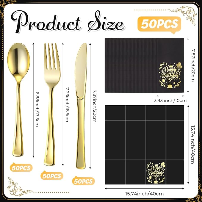 LemonRoad 50 Sets Happy Birthday Plastic Silverware Black and Gold Disposable Prefolded Cutlery Includes Forks Knives Spoons Linen Paper Napkin Tableware for 40th 50th 60th Birthday Party Decorations