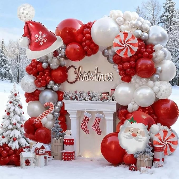 Red White Christmas Balloon Arch Kit, Double Stuffed Ruby Red Pearl White Silver Balloon Garland with Snowflake Latex, Santa Hat Foil Balloons for Winter Xmas Birthday Baby Shower New Year Party Decor