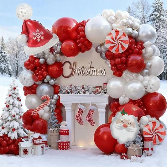 Red White Christmas Balloon Arch Kit, Double Stuffed Ruby Red Pearl White Silver Balloon Garland with Snowflake Latex, Santa Hat Foil Balloons for Winter Xmas Birthday Baby Shower New Year Party Decor
