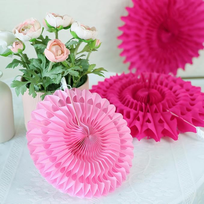 SUNBEAUTY Hanging Honeycomb Paper Fans, 12Pcs Hot Pink Hanging Tissue Paper Flowers Party Decorations for Wall, Pink Birthday Paper Decor for Baby Shower, Graduations, Bachelorette, Wedding, Room