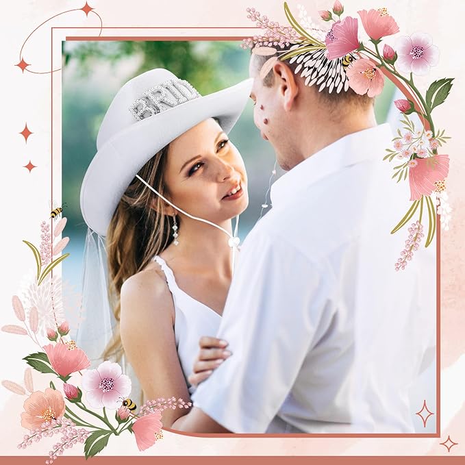 Newcotte 14 Pcs Bride Cowgirl Hat with Veil and Satin Sash Bachelorette Cowboy Hats Set for Wedding Party Bridal Shower Decor