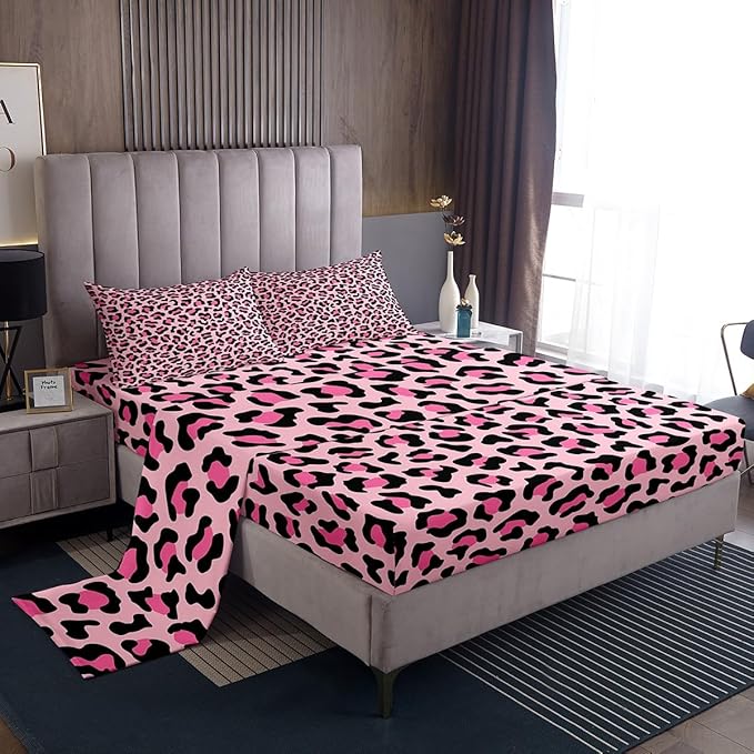 Castle Fairy African Cheetah Wildlife Fur Bed Sheet King Set,Wild Animal Skin Luxury Sheet Sets Adults Room Decoration,Pink Leopard Print Bedding Set with Flat,Fitted Sheet,2 Pillow Cases