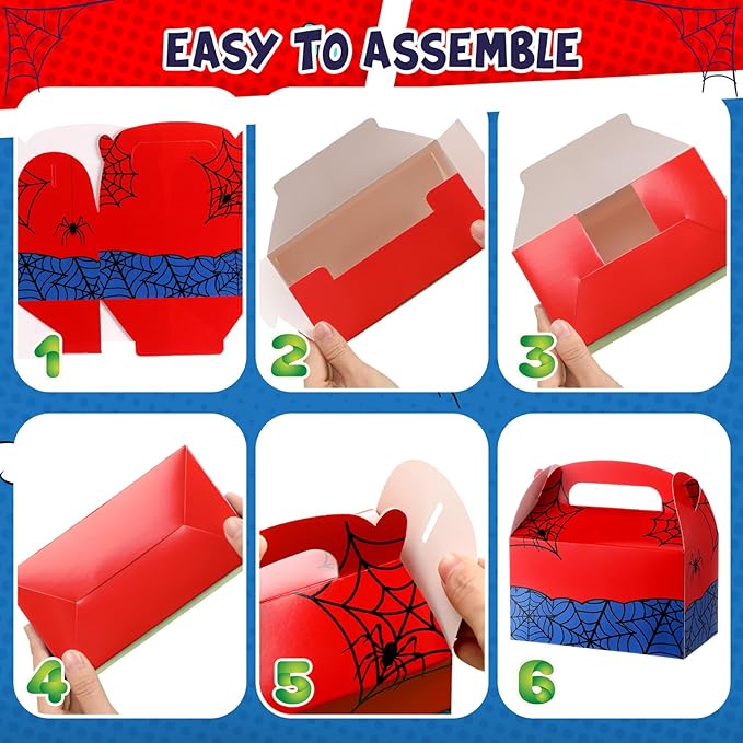 Marspark 24 Pack Spider Web Cartoon Birthday Party Supplies, Paper Gift Boxes, Cartoon Candy Treat Boxes for Birthday Party Decorations(3 Color Spider Pattern)