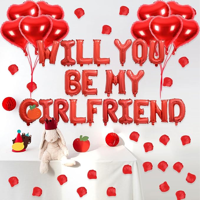 2 Set Red Will You Be My Girlfriend Balloons - 42pcs 16" Letter Balloons 1200pcs Red Artificial Rose Petals 10pcs 18" Heart Balloon Alphabet Foil Mylar Balloon for Valentines Day Decorations