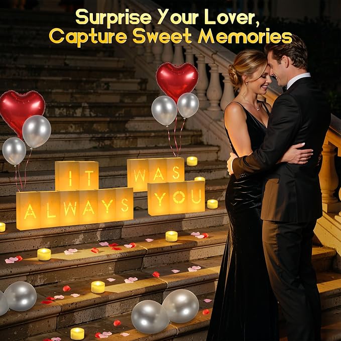 Lewondr IT WAS ALWAYS YOU Light Up Letters with 30pcs 6H Tea Lights Candles & Balloon & 2000 Rose Petals, Luminary Bags Engagement Party Decorations & Anniversary Decorations Ideal Gift for Men&Women