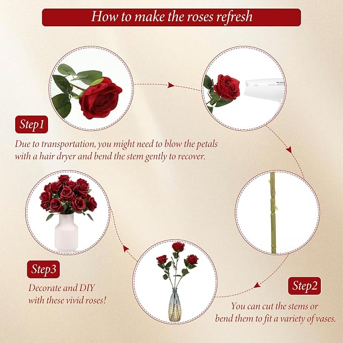 Hotop 20 Pcs Artificial Rose Flowers with Long Stem, Real Lifelike Silk Realistic Plastic Bouquet Roses Bulk for Home Decor Bridal Wedding Party Table Centerpieces Decorations(Wine Red)