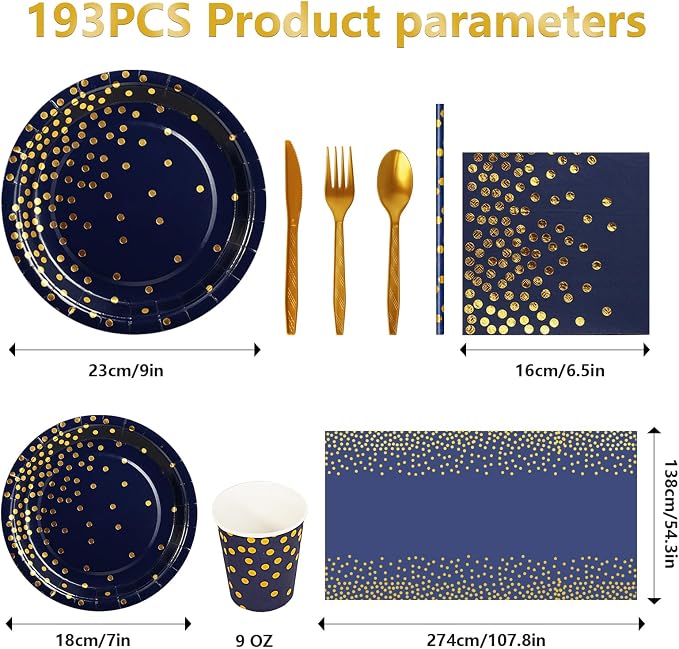 Nkaiso 193 Pcs Navy Blue Gold Paper Plates and Napkins Party Supplies Sets Include Navy Blue Party Plate Cup Napkin Plastic Cutlery for Baby Shower, Wedding, Birthday Decoration -24 Guest