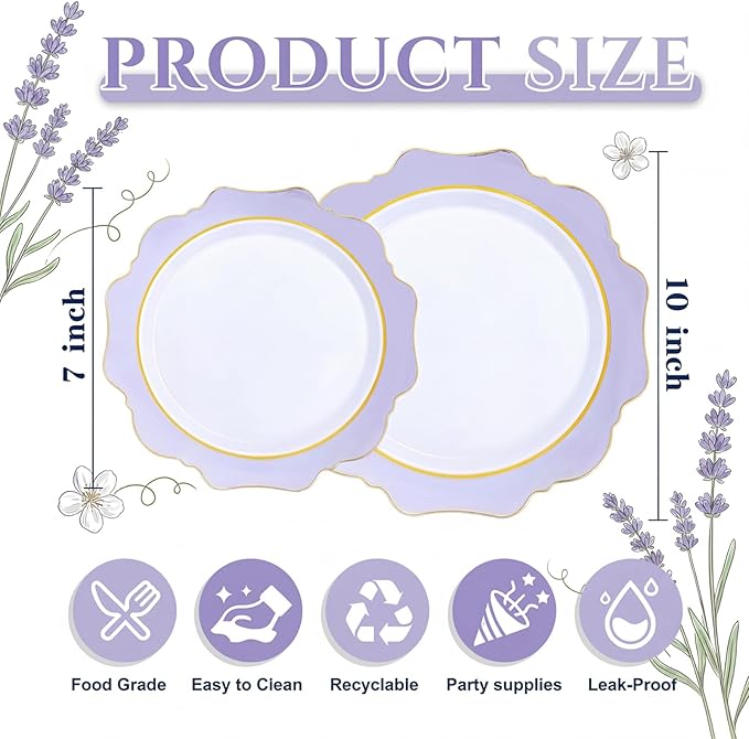WDF 100PCS Purple Disposable Plates - Lavender Plates - Heavy Duty Scalloped Purple Plastic Plate for Party/Wedding/Birthday/Spring