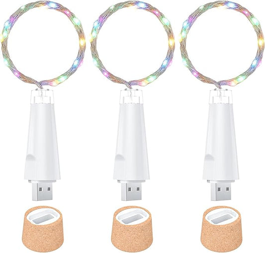 USB Bottle Lights Rechargeable Wine Bottle Fairy Lights Cork LED String Lights 20 LEDs Copper Wire for Table Party DIY Decor(Multi-Colour, 3 Pack)