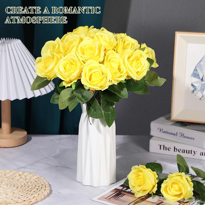 Hotop 20 Pcs Artificial Rose Flowers with Long Stem, Real Lifelike Silk Realistic Plastic Bouquet Roses Bulk for Home Decor Bridal Wedding Party Table Centerpieces Decorations(Yellow)