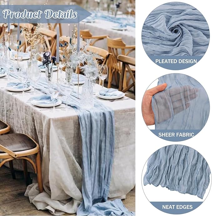 12 Pack Dusty Blue Cheesecloth Table Runner, 35x120 Inch Easter Spring Boho Gauze Table Runner 10Ft Long Rustic Sheer Blue Cheese Cloth Table Decor for Wedding Party Baby Shower Christmas