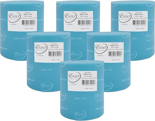 Expo International Decorative Matte Tulle, Roll/Spool of 6” X 200 Yards, Lightweight Polyester Tulle Fabric for Tutus, Costumes, and Party Decorations, Washable, Easy-to-Use, Pack of 6, Light Blue