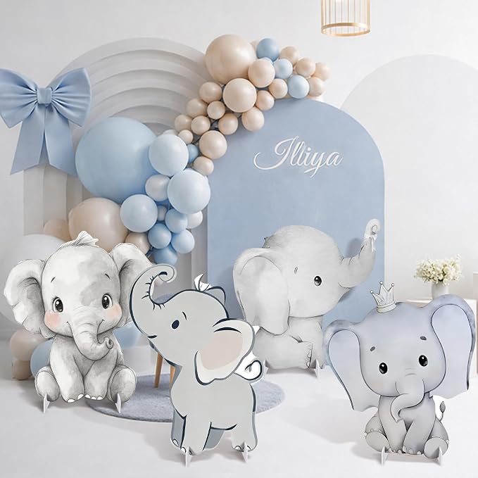 4 Pack Elephant Baby Shower Decorations, Large Baby Elephant Cardboard Cutouts Standup, Blue Cartoon Birthday Party Signs for Photo Booth Props Backdrops Decor Displays Party Supplies