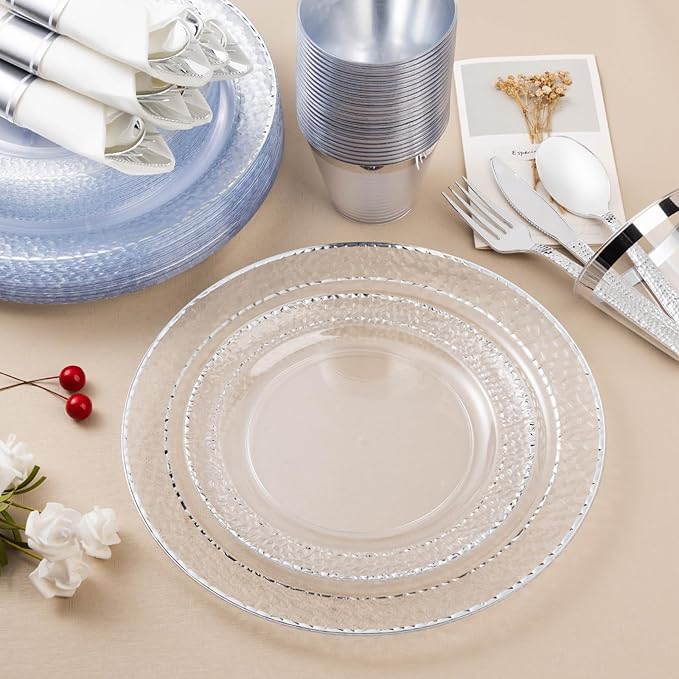 Bestluck 350PCS Clear Plastic Plates with Silver Trim for 50 Guests, Disposable Dinnerware Set for Party & Wedding, Includes 100 Plastic Plates, 50 Pre Rolled Napkins with Silver Silverware, 50 Cups