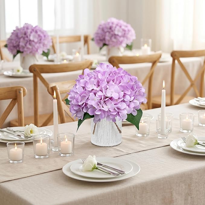 Set of 6 Flower Table Centerpieces - Lilac Fake Hydrangeas Floral Arrangement with Rustic Metal Vase for Baby Bridal Shower Birthday Party Event Wedding Decorations