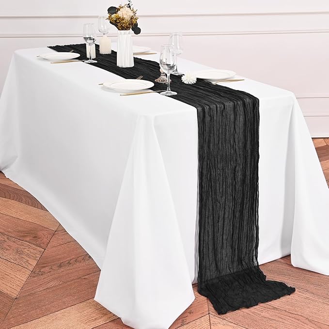 24 Pack Black Table Runner 10Ft Cheesecloth Table Runner Rustic Gauze Table Runners Romantic Long Sheer Fabric Cheese Cloth Table Runners for Wedding Party Bridal Baby Shower