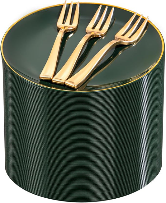 Festiva 200Pcs Green Dessert Plates 6.3" with Plastic Forks 5"- Small Disposable Plates- Dessert/Cake/Appetizer Plastic Plates include 100Plates 100Forks for Birthday Party&St.Patrick's Day& Easter