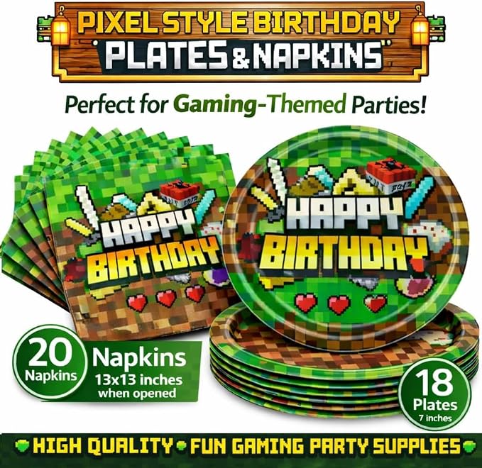 Pixel Game Birthday Party Decorations - Miner Supplies Set Gaming Theme - Including Backdrop Balloons Tablecloth Plates Toppers Napkins Favor Bags Stickers - Mining Bday Pack Craft Decor Kit