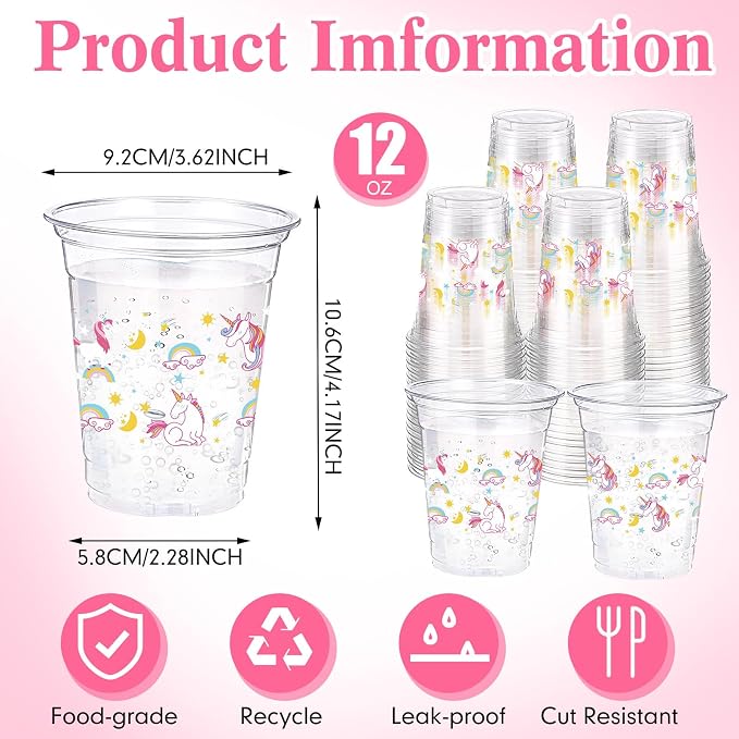 Funnymoom 60 Pack Unicorn Cups 12 oz Disposable Clear Plastic Unicornio Rainbow Drinking Cups for Unicorn Birthday Party Decorations Supplies