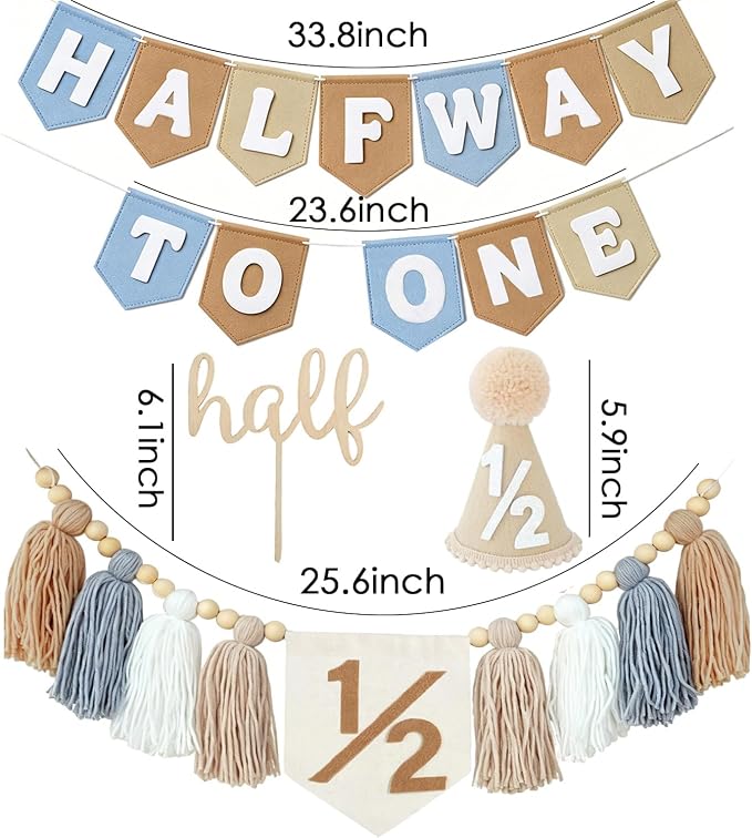 1/2 Birthday Boy Decorations-Half Way to One 6 Months Birthday Set with High Chair Banner Cake Topper & Hat for Baby Boy Party Supplies