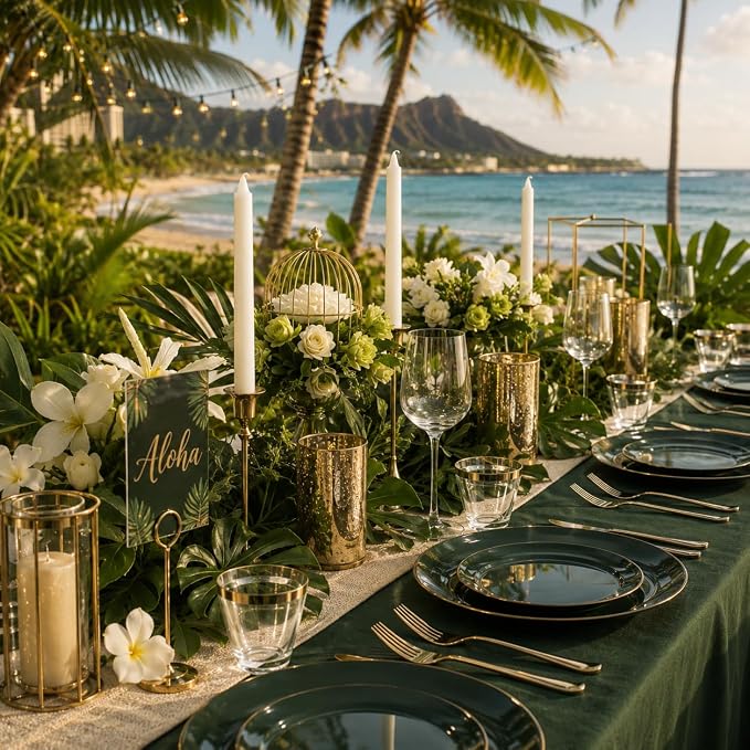 WDF 150Pcs Green Plastic Plates - Green Plates Disposable with Gold Rim - 25Guest Disposable Dinnerware Include 50 Plastic Plate 75 Gold Cutlery 25 9oz Cups for Wedding/Party/Birthday/World Cup 2026
