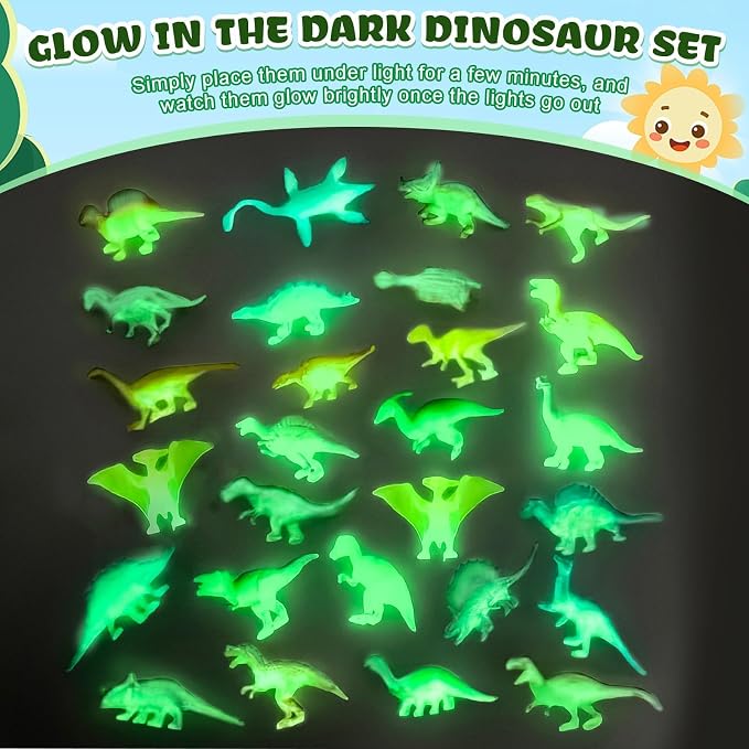 SAYAYA 100 Pieces Glow in The Dark Dinosaur Figures Bulk Small Luminous Plastic Dinosaur Cupcake Toppers Birthday Party Favors Supplies Goody Bag Filler Classroom Prizes