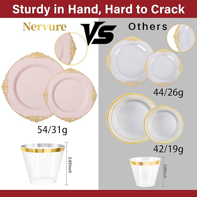 Nervure 175PCS Pink Plastic Plates - Disposable Pink Gold Party Plates & Pre Rolled Napkins with Cutlery for 25 Guests, 50Plates, 75Silverware, 25Cups, 25Napkin for Wedding & Party & Mother's Day