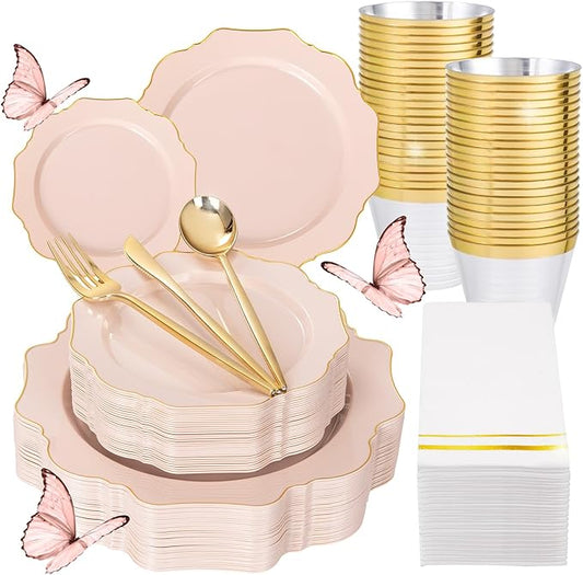 WDF 175Pcs Pink Plastic Plates - Pink and Gold Plates Disposable 25guest Plastic Dinnerware Ideal for Bridal Shower/Wedding/Baby Shower/Spring/Mother's Day