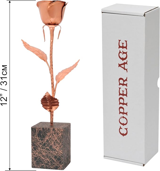 Copper Rose Anniversary Keepsake – 7th & 22nd Wedding Anniversary – Solid Copper Flower on Metal Display Base – 12 Inch Handcrafted Rose