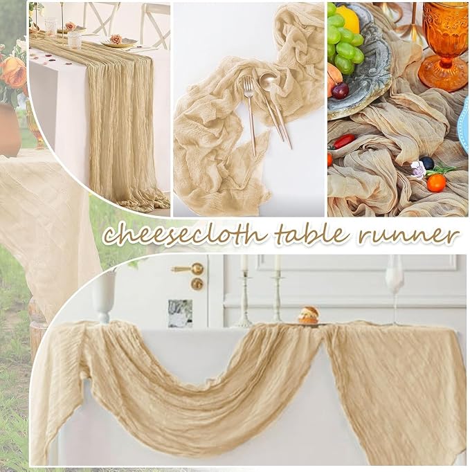 24 Pack Beige Cheesecloth Table Runner 17"x108" Boho Gauze Fabric Table Runner Vintage Rustic Sheer Runners for Wedding Party Bridal Baby Shower Table Decorations