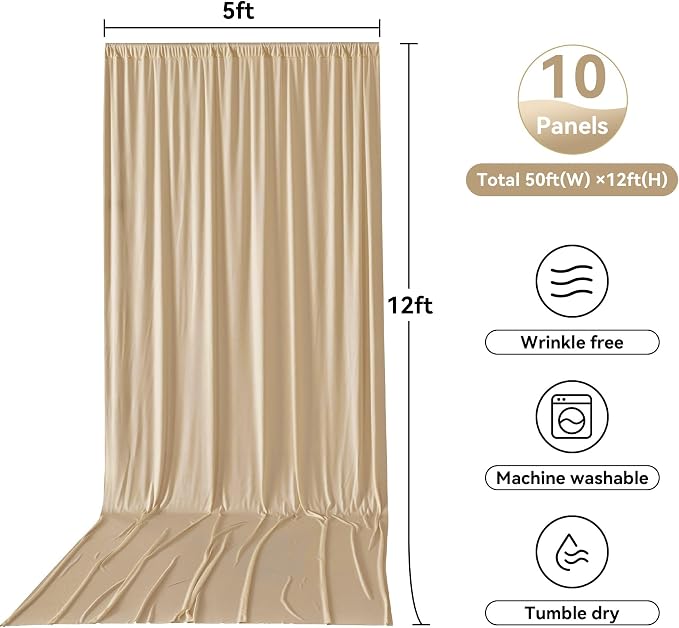 50ftx12ft Champagne Backdrop Curtains for Parties, Wrinkle Free Polyester Photo Backdrop Drapes 10 Panels 12 ft Long Back Drop Cloth for Wedding Birthday Photography Background Party