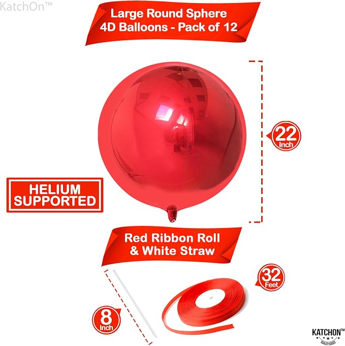 KatchOn, Huge Red Metallic Balloons - 22 Inch, Pack of 12 | Round 4D Mylar Balloon for Casino Theme Party, Red Party Decoration | Patriotic Party Decorations, Birthday, Anniversary, Graduation Decor