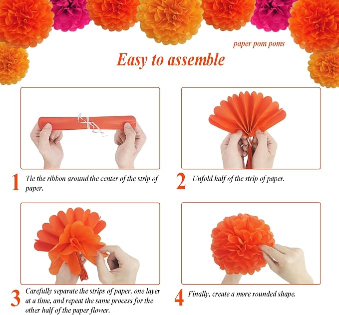 Envibe Orange Birthday Decorations, Tissue Paper Pom Poms with Happy Birthday Banner, Boho Tissue Fans Streamers Paper Lantern, 38 Pcs Fall Party Decoration.