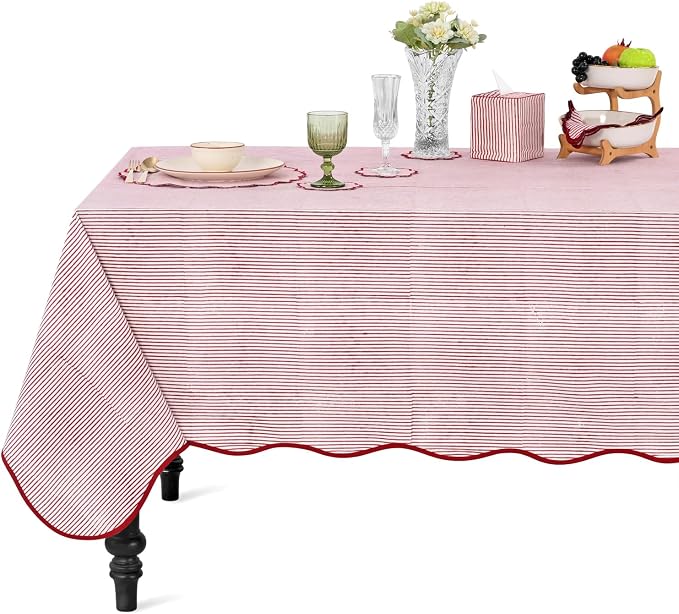 Ridhi Ruby Red Stripe Block Print 60x108 Rectangle Tablecloth Table Cover for Dining Tables, Handcrafted Farmhouse Kitchen Decor, Washable, Decorative Tablecloths for Spring, Easter, Valentine