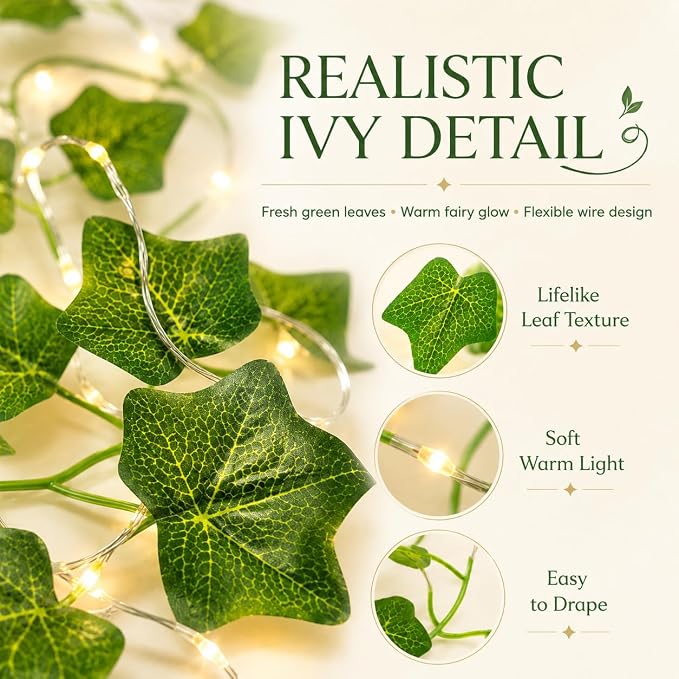 Vines with Lights for Dorm Room, 200 LED Fairy Curtain Lights with Ivy Vines,Warm White Fairy String Lights for Bedroom, 6.5 ft x 6.5 ft, USB Powered with Remote Control and 8 Modes for Bedroom Decor
